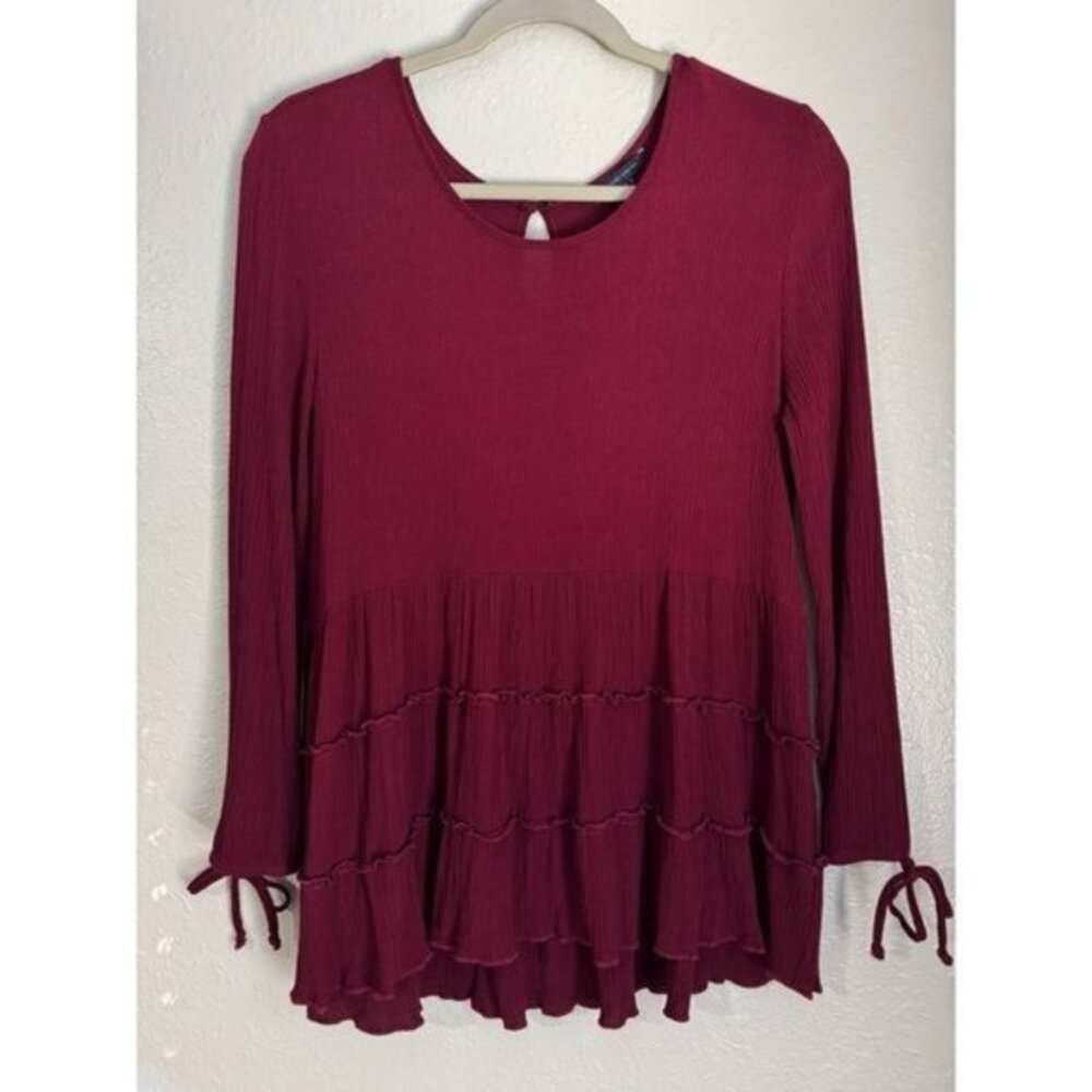 American Eagle burgundy ruffle long sleeve wrist tie baby‎ doll top L